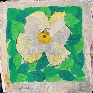 Floral Needlepoint Canvas with Green Leaves